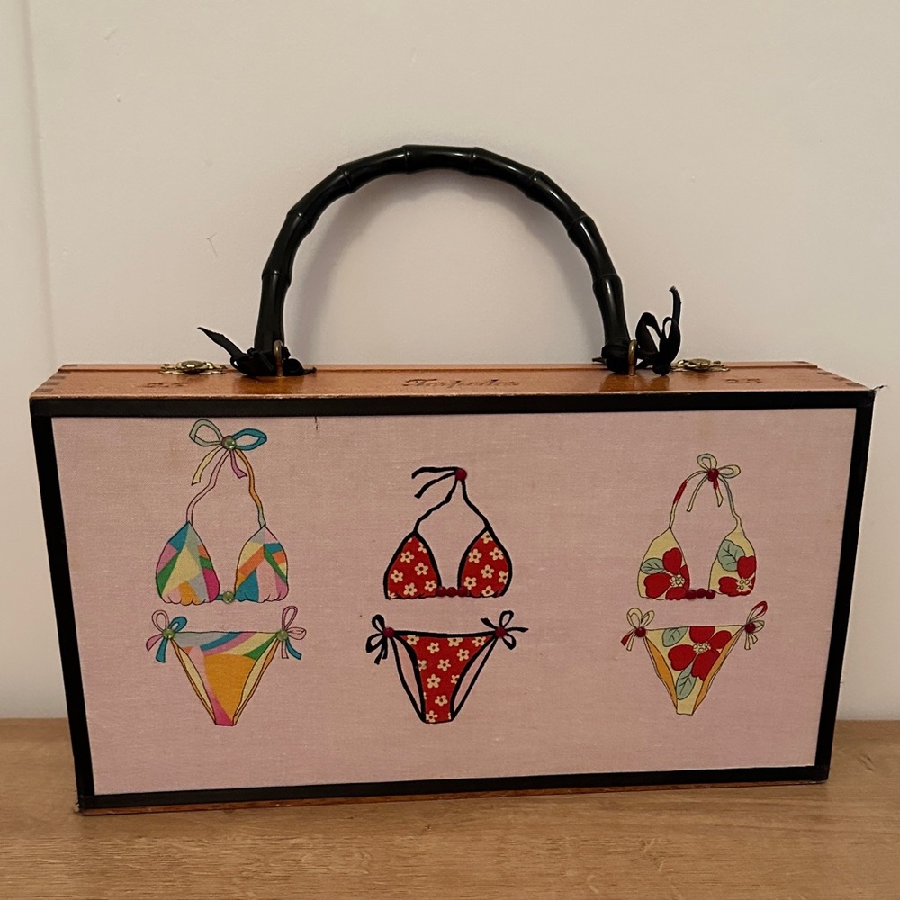 Cigar Box Purse Colorful Bikini Print Handbag with Black Handle
